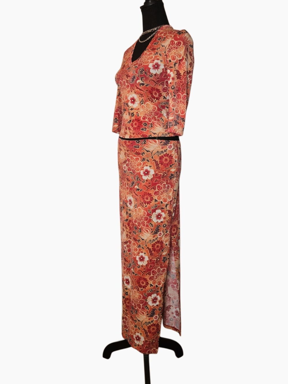 Y2k Orange Floral Print Maxi Skirt Set !